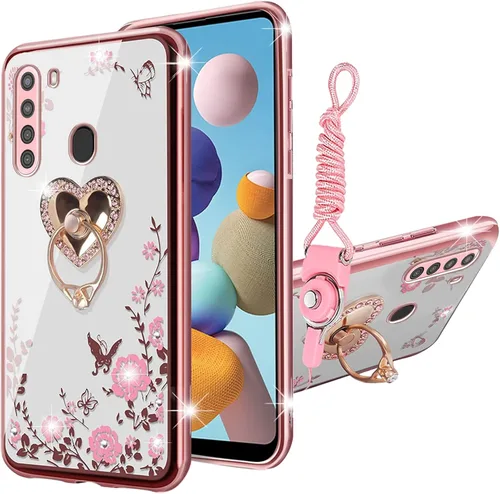 Vista 9 de Funda protectora para Samsung Galaxy A21 para mujer, con purpurina, suave, transparente, TPU de lujo, con correa de atril para A21 (rosa brillante)
