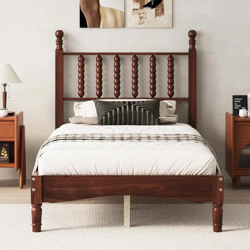 Vista 11 de JIVOIT Cama de plataforma de tamaño King con cabecera de 46.5 pulgadas de alto, marco de plataforma de madera de bambú maciza con listones de madera