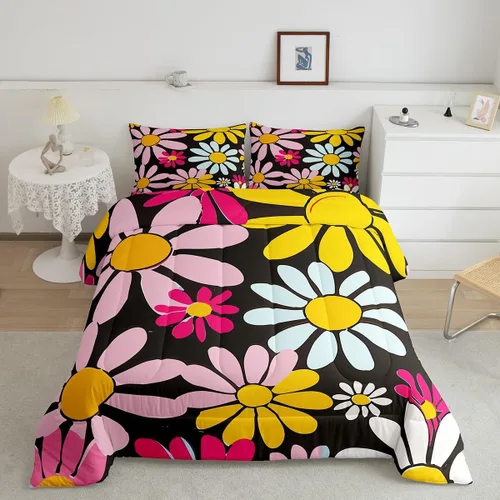 Vista 17 de Lindo juego de edredón de flores para niños y mujeres. Juego de ropa de cama de flores coloridas de dibujos animados, tamaño individual, bonito