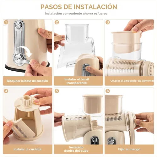 Vista 6 de SUSTEAS Rallador de queso rotativo con mango - Triturador de verduras con 5 cuchillas bien diseñadas y base de succión fuerte, rebanador