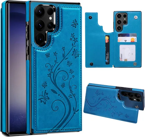 Vista 14 de Korecase - Funda tipo cartera para Samsung Galaxy S23 con tarjetero y tarjetero de piel sintética, diseño de mariposas y flores, color azul