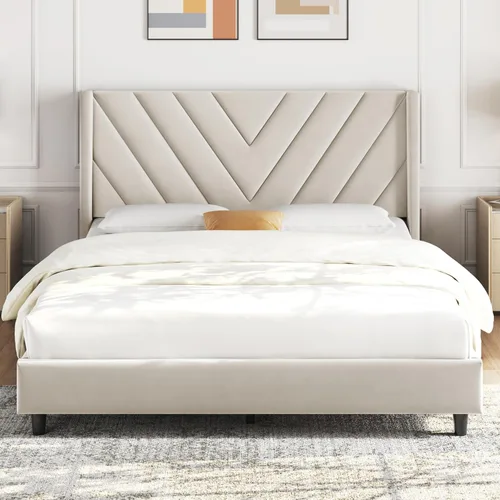 Vista 11 de Yaheetech - Base de cama individual con cabecera de canal cheurón, color beige