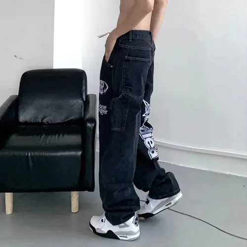 Vista 7 de American Vintage Denim Pantalones ins Moda Europea y Americana Hiphop Fried Street Jeans Pantalones de pierna ancha para hombre