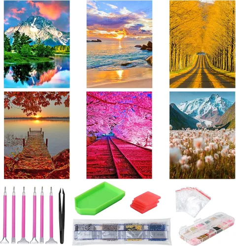 Vista 11 de abcGoodefg Kit de pinturas de arte de diamantes, 6 paquetes, kits de arte de diamantes 5D para adultos, juego de paisaje, pintura redonda de taladro
