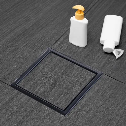 Vista 3 de Desagüe de ducha cuadrado, desagüe de ducha negro de 6 pulgadas con brida y cubierta de inserción de azulejos 2 en 1, drenaje de piso de ducha negro