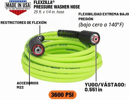 Vista 2 de Flexzilla HFZPW36425M-E 3600 PSI, manguera de lavado a presión de 25 pies, 1/4 pulgadas x 25 pies, ZillaGreen