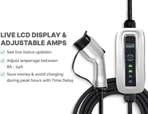 Vista 2 de Splitvolt Cargador EV Ajustable de Nivel 2 (240V, Cable de 26 pies, NEMA 14-30, Ajustable hasta 24 Amperios) Pantalla LCD en Vivo Función de Inicio