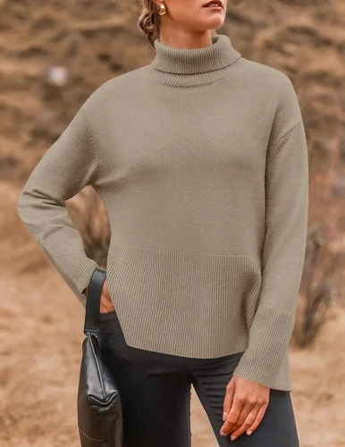 Vista 2 de ZESICA Women's 2024 Winter Sweaters Turtleneck Long Sleeve Oversized Split Hem Knitted Pullover Jumper Sweater Tops