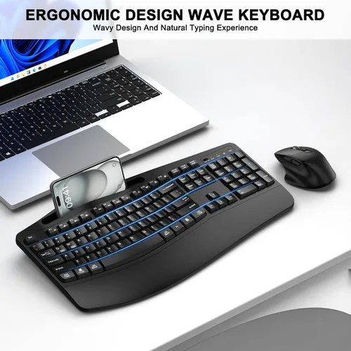 Vista 9 de Combo de teclado y mouse inalámbricos, teclas onduladas de tamaño completo 2.4G, teclado ergonómico con reposamuñecas, soporte para teléfono, mouse