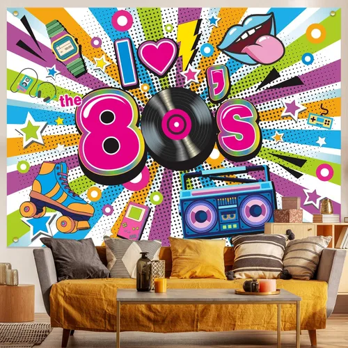 Vista 6 de Decoraciones de fiesta de los años 80, telón de fondo extra grande de tela con texto en inglés "I Love The 80s Hip Hop Party 1980, fiesta