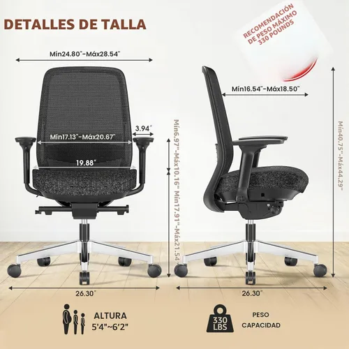 Vista 2 de ErgoSift M2 - Silla ergonómica de oficina – Silla de escritorio de malla con respaldo alto con soporte lumbar ajustable, reposabrazos 4D para largas