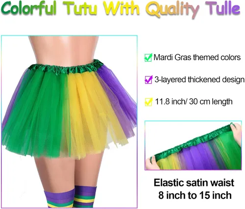 Vista 2 de Juego de 2 piezas de disfraz de Mardi Gras, falda tutú de bailarina colorida y medias a rayas por encima de la rodilla para eventos y fiestas