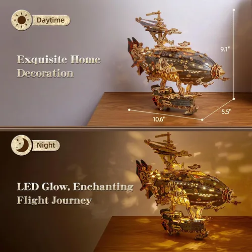Vista 5 de FUNPOLA Rompecabezas de Madera LED 3D Modelo de Dirigible de Fantasía - Kit de Manualidades Steampunk DIY con Luces LED - Conjunto de Construcción