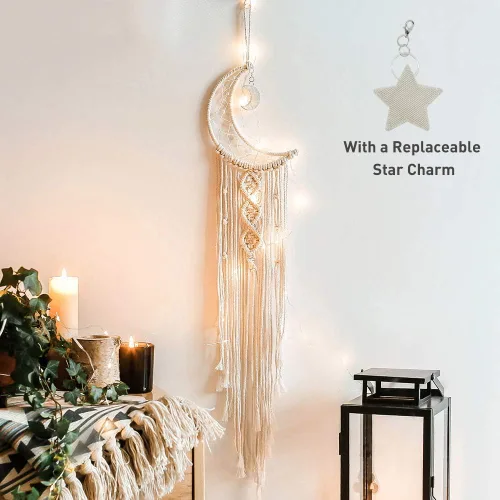 Vista 10 de Atrapasueños de luna de macramé para niña, atrapasueños de media luna azul estilo bohemio para dormitorio de adultos, adorno hecho a mano