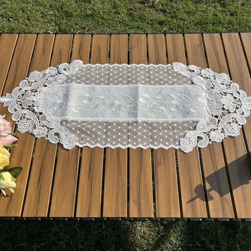 Vista 6 de Hsvanyr Camino de mesa de encaje blanco bordado, bufanda clásica rectangular de macramé, decoración de comedor, tocador, 12 x 27 pulgadas