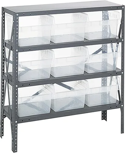 Vista 600 de Quantum QSBU-245BK Heavy Duty Shelving Unit with (7) Shelves and (24) QUS245 Black Bins for Garage Warehouse Storage Distribution 400 lb Load