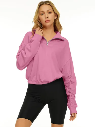 Vista 2 de Trendy Queen Sudaderas con capucha y media cremallera para mujer, con cremallera de un cuarto, manga larga, ropa de moda