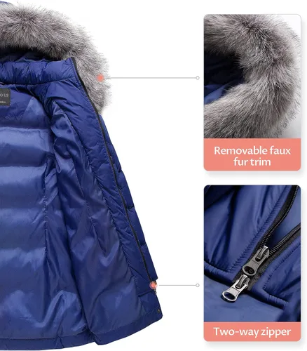 Vista 6 de CREATMO US Chaqueta de nieve de invierno para mujer, abrigo largo acolchado de piel sintética extraíble