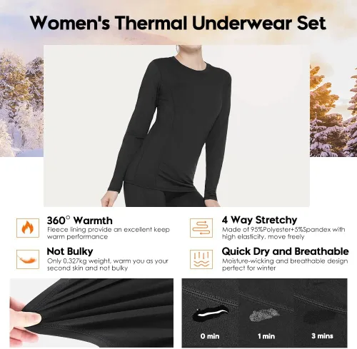 Vista 4 de Conjunto de ropa interior térmica para mujer, capa base deportiva, para invierno, cálido, largo, ropa de compresión para clima frío, para esquí
