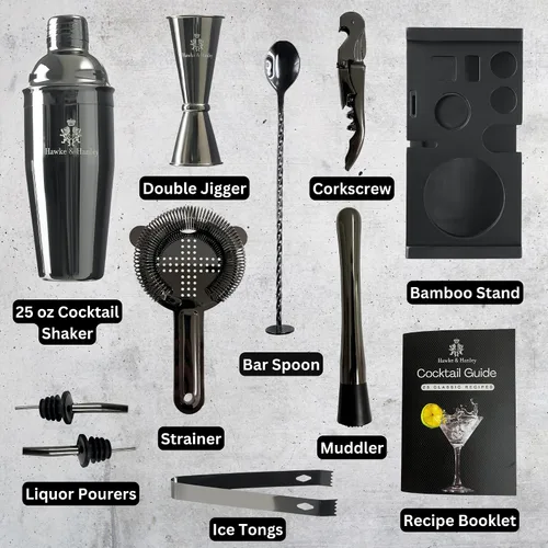 Vista 3 de Hawke & Hanley Mixology Bartender Kit: juego de coctelera con una coctelera de Martini, herramientas de bar y soporte de bambú negro Kit