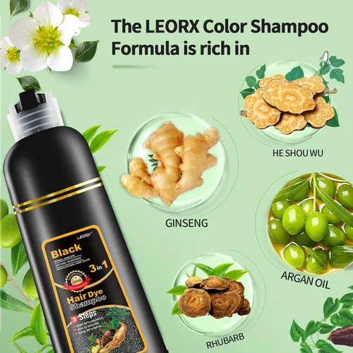 Vista 3 de leorx - Paquete de 2 champús de tinte para el cabello negro, 3 en 1, tinte de champú para cobertura de canas, coloración herbaria instantánea
