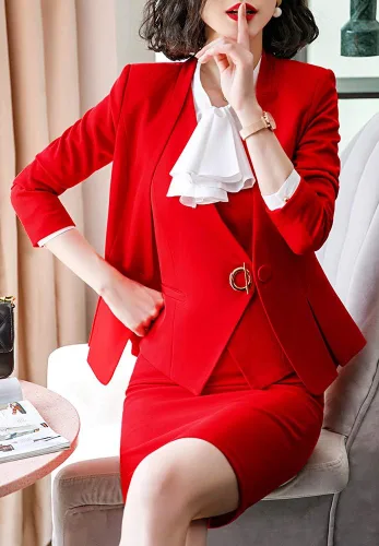 Vista 4 de LISUEYNE Conjunto de traje de negocios de tres piezas para mujer, para oficina, falda de trabajo, pantalón, chaleco y chaqueta