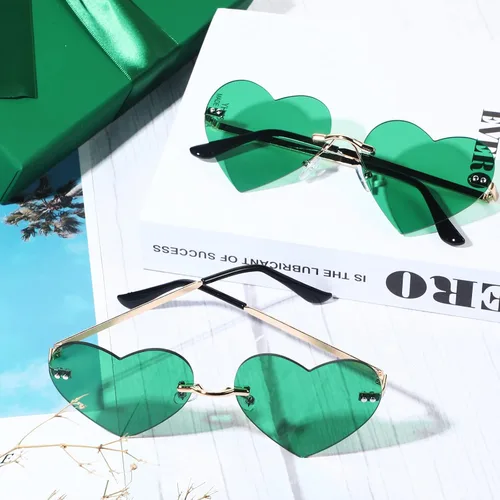Vista 3 de Gafas de sol en forma de corazón, 2 pares de lentes de sol sin montura para mujer, con marco de metal con protección UV (verde), Verde