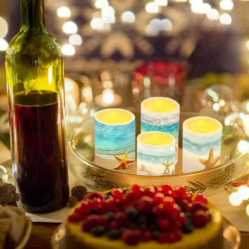 Vista 5 de Velas LED parpadeantes operadas por batería, juego de 4 con control remoto y temporizador, velas de llama danzante, velas de pilar para mesa, Playa