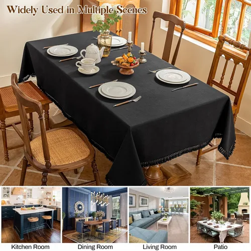 Vista 6 de AmHoo - Mantel de lino con borlas y bordado rectangular decorativo para mesa natural para cocina, comedor, buffet de boda, 55 x 55 pulgadas, negro