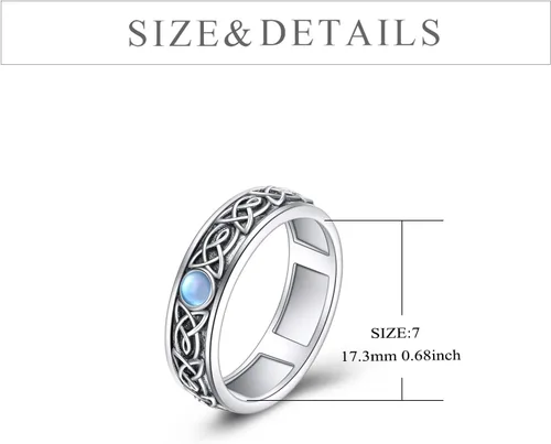 Vista 6 de POPLYKE Anillos giratorios de plata de ley con piedra lunar celta para mujeres y hombres, regalo para aliviar el estrés, tamaño 7