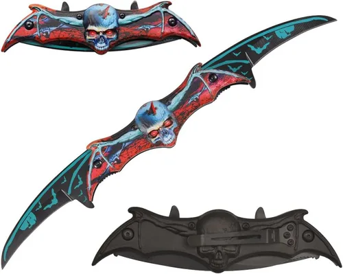 Vista 6 de Navaja de bolsillo de doble hoja estilo murciélago - 11" Cuchillo táctico plegable con resorte de apertura asistida (Negro/Negro)