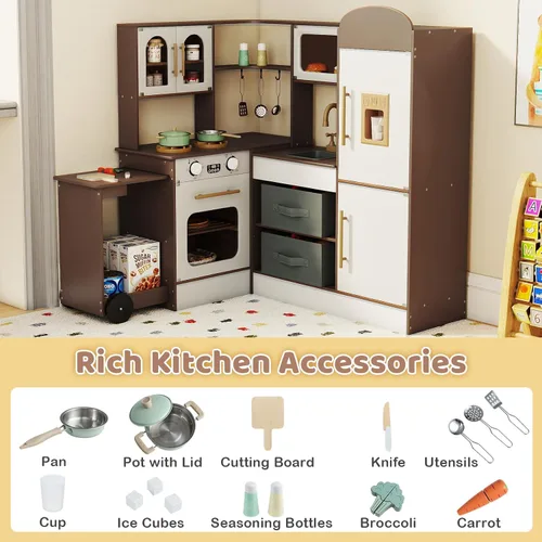 Vista 7 de Costzon Cocina de Juego de Esquina, Pequeño Chef Cocina de Juego de Simulación con Luz y Sonido Reales, Carrito Extraíble, Contenedores de Tela
