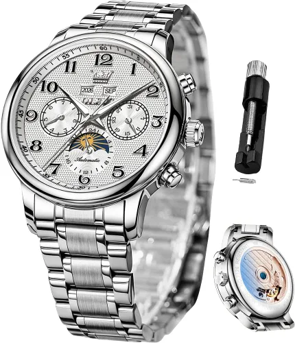 Vista 14 de OLEVS Relojes automáticos para hombre, de lujo, esqueleto multifuncional, reloj mecánico de cuerda automática, fecha, impermeable, luminoso, reloj