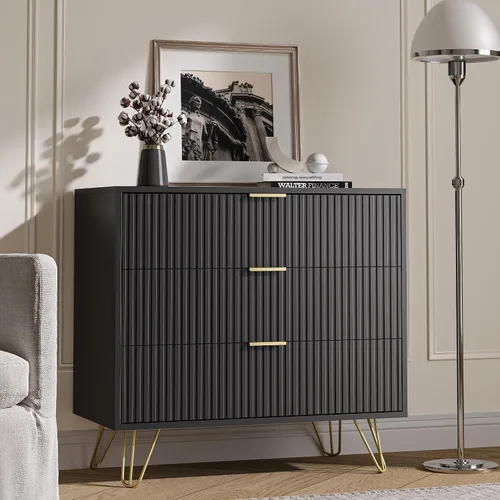Vista 7 de MAISONARIA Cómoda negra de 3 cajones para dormitorio, cómoda moderna de armario, cómoda acanalada con asas de metal dorado, mesita de noche