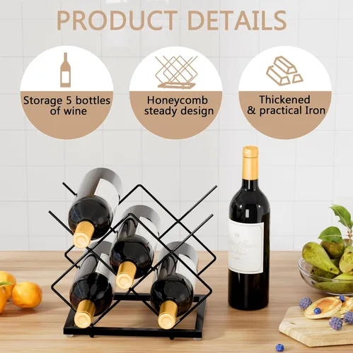Vista 3 de Urban Deco Estante pequeño para 5 botellas, moderno almacenamiento de vino de alambre de metal para encimera, mesa, café, bar, cocina, color negro