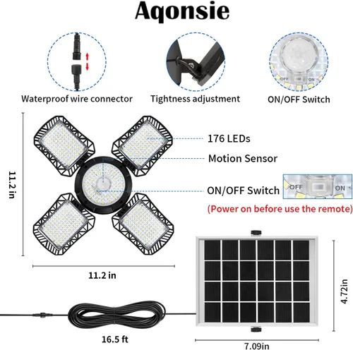 Vista 5 de Luz Solar para Cobertizo Interior y Exterior, 176LED Luz Colgante con Sensor de Movimiento Solar Disponible Durante el Día, Luces Solares Interiores