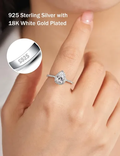 Vista 3 de Anillos de Compromiso en Forma de Pera de 2CT para Mujeres Anillos de Plata Esterlina en Forma de Lágrima con Circonia Cúbica Chapada en Oro Blanco