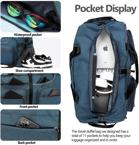 Vista 4 de Bolsa de viaje plegable de 65 litros con compartimento para zapatos y bolsillo húmedo, impermeable y resistente a desgarros, A4-azul oscuro