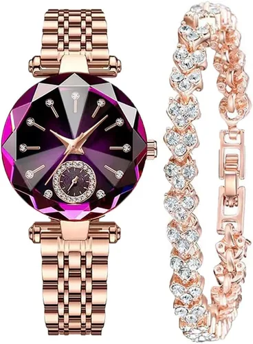 Vista 6 de Relojes de mujer con pulsera oro rosa para dama elegante correa de acero inoxidable moda analógico creativo diamante dial reloj de pulsera