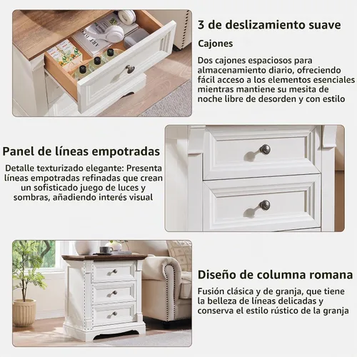 Vista 5 de T4TREAM Cómoda de 3 cajones de 24 pulgadas de ancho, mesa auxiliar de noche estilo granja de 26 pulgadas de alto con 3 cajones, mesa auxiliar