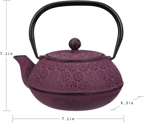 Vista 2 de Tetera de hierro fundido de 30 onzas, forro esmaltado con infusor de metal, tetera de té, morado