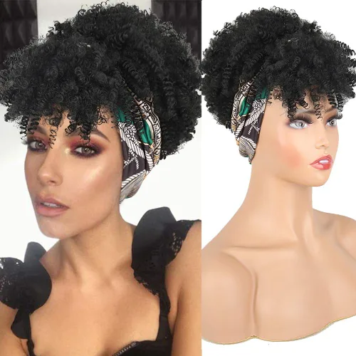 Vista 19 de Aisaide Peluca de Diadema Afro Rizada Crespa, Pelucas Afro Negras Cortas para Mujeres Negras, Peluca Sintética Rizada Crespa con Diadema y Flequillo
