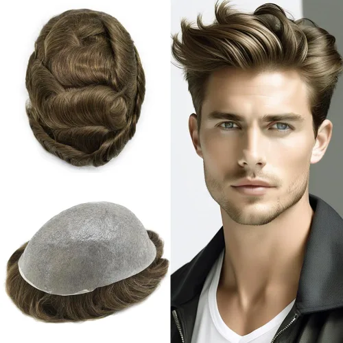 Vista 79 de 0.002 in ultra fina piel tupé Remy cabello humano piezas para hombres V-Looped sistema de pelo para hombre tupé pelo tupé para hombres protesis