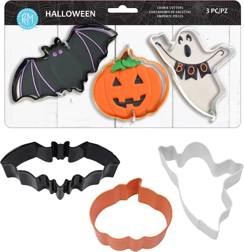 Vista 2 de R&M Cortador de galletas de Halloween de 3 piezas. Incluye murciélago, calabaza, fantasma, negro, naranja, revestimiento de poliresina blanca