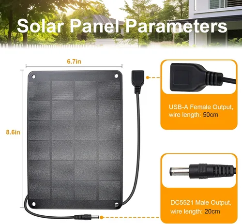 Vista 3 de Panel solar con gancho de metal, módulo monocristalino de alto rendimiento de 5V 6W con salida USB-A hembra y DC macho, panel impermeable