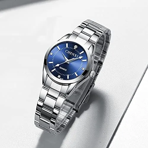 Vista 2 de CHENXI Reloj de pulsera de cuarzo para mujer, resistente al agua, de acero inoxidable, Blanco