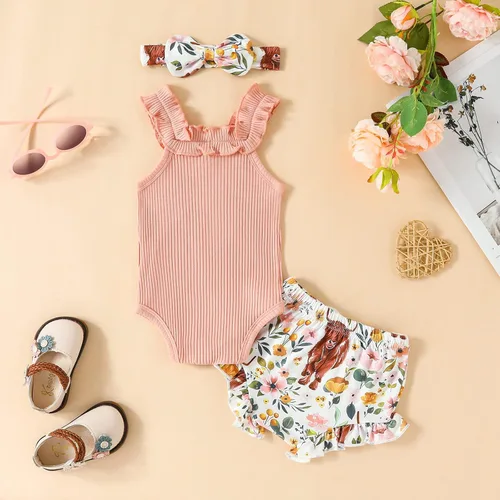 Vista 3 de Ropa para bebé niña Daddys Girls Ruffle Romper Top Manga Corta Body Floral Tutu Shorts Conjunto Recién Nacido Verano Traje