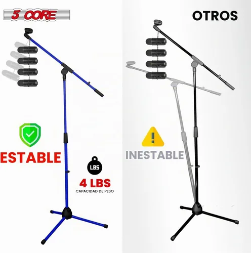 Vista 7 de 5 Core Soporte de micrófono para piso, trípode, brazo de brazo, altura ajustable, con clips de micrófono, adaptador de 3/8 a 5/8 pulgadas para Azul