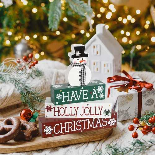 Vista 4 de 4 piezas de decoración de Navidad para interiores, letrero de muñeco de nieve de madera para mesa, centros de mesa, bloque de mesa de Navidad