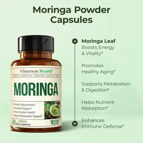 Vista 5 de Cápsulas de moringa con polvo de moringa 100% puro para energía equilibrada, metabolismo saludable, antioxidante y apoyo inmunológico. Vitaminas